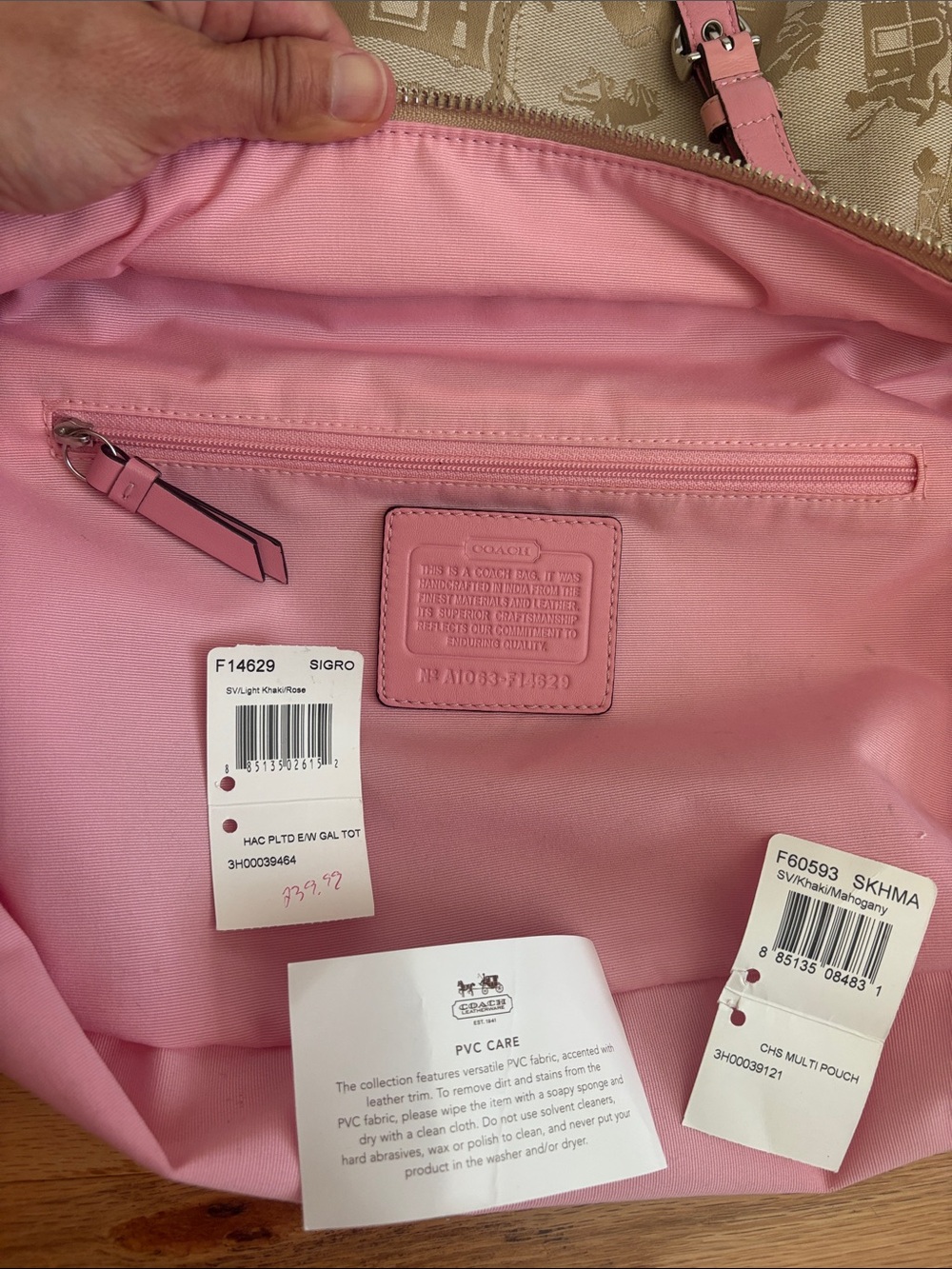 Coach Horse & Carriage Pleated Gallery Tote Pink Leather Khaki Y2K Shoulder Bag - Picture 11 of 17